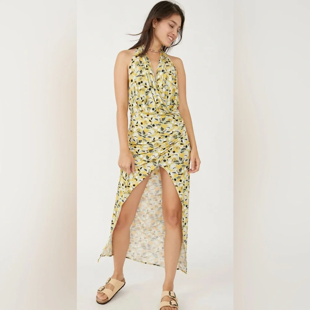 Free People Daria Halter Maxi Dress Apple Mint Low Back Slit Plunge Size Small - Picture 1 of 14